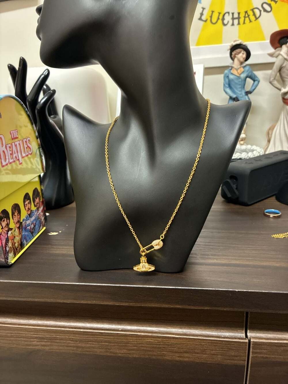 Vivienne Westwood Lucrece Orb Pendant Safety Pin Necklace Gold Crystal